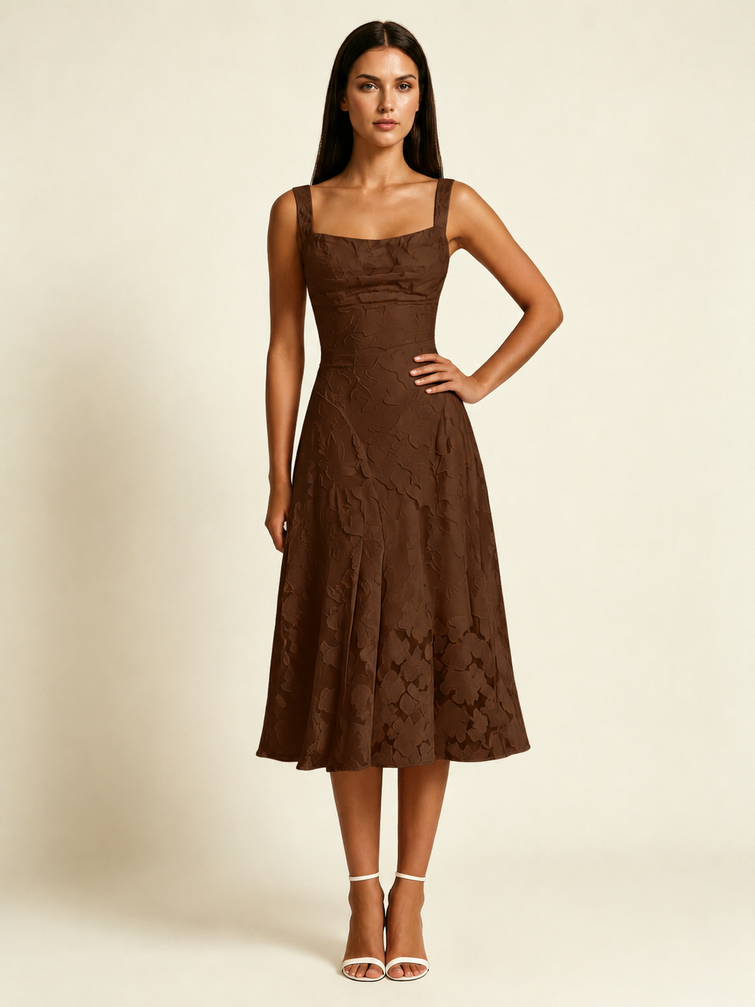 3D Floral Jacquard Square Neck Midi Dress