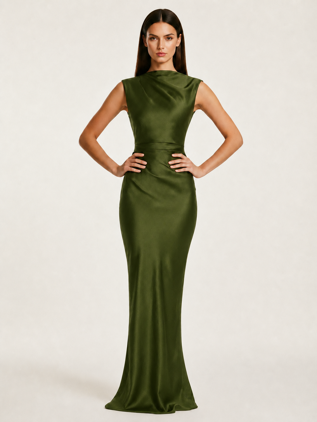 Sleeveless Draped Satin Mermaid Cutout Back Formal Dress