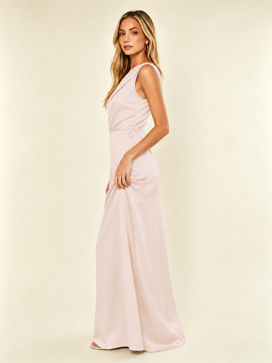 Satin One Shoulder Maxi Dress Asymmetric Draped High Slit Bridesmaid Dress