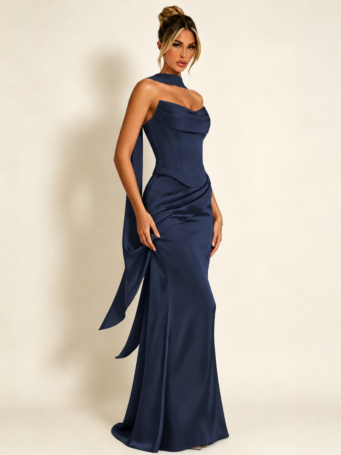 Satin Cowl Neck Mermaid Evening Dress with Corset Bodice and Draped Straps