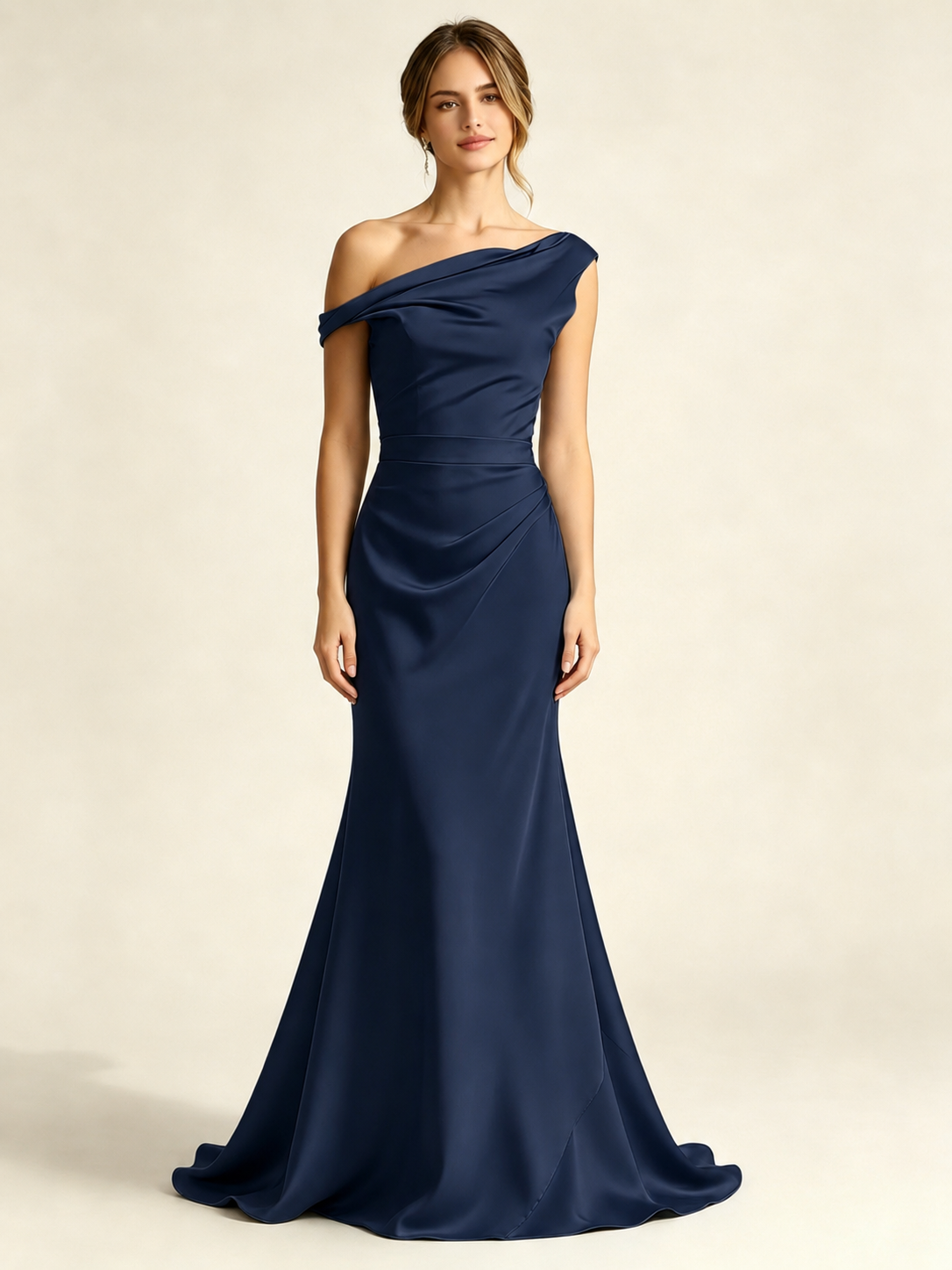 Satin Mermaid Bridesmaid Maxi Dress, Asymmetrical Off Shoulder Ruched Waist Open Back