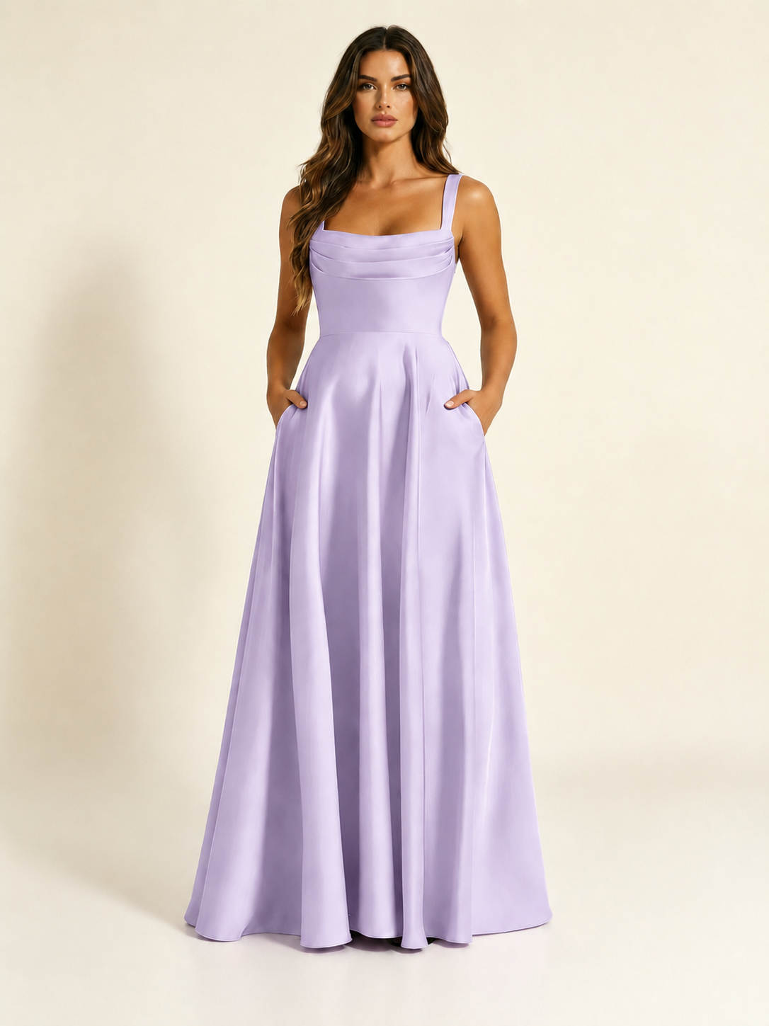 Satin Draped Cowl Square Neck A-Line Maxi Bridesmaid Dress