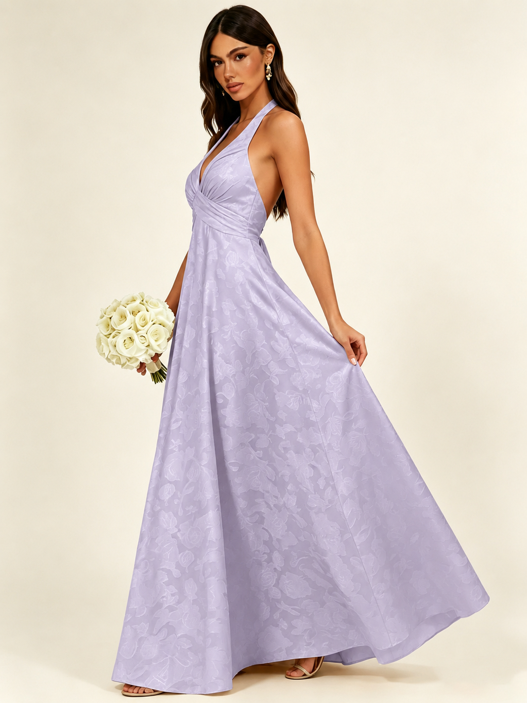 Floral Jacquard Halter Deep V A-Line Maxi Dress Backless Lace-Up Corset Bridesmaid Dress