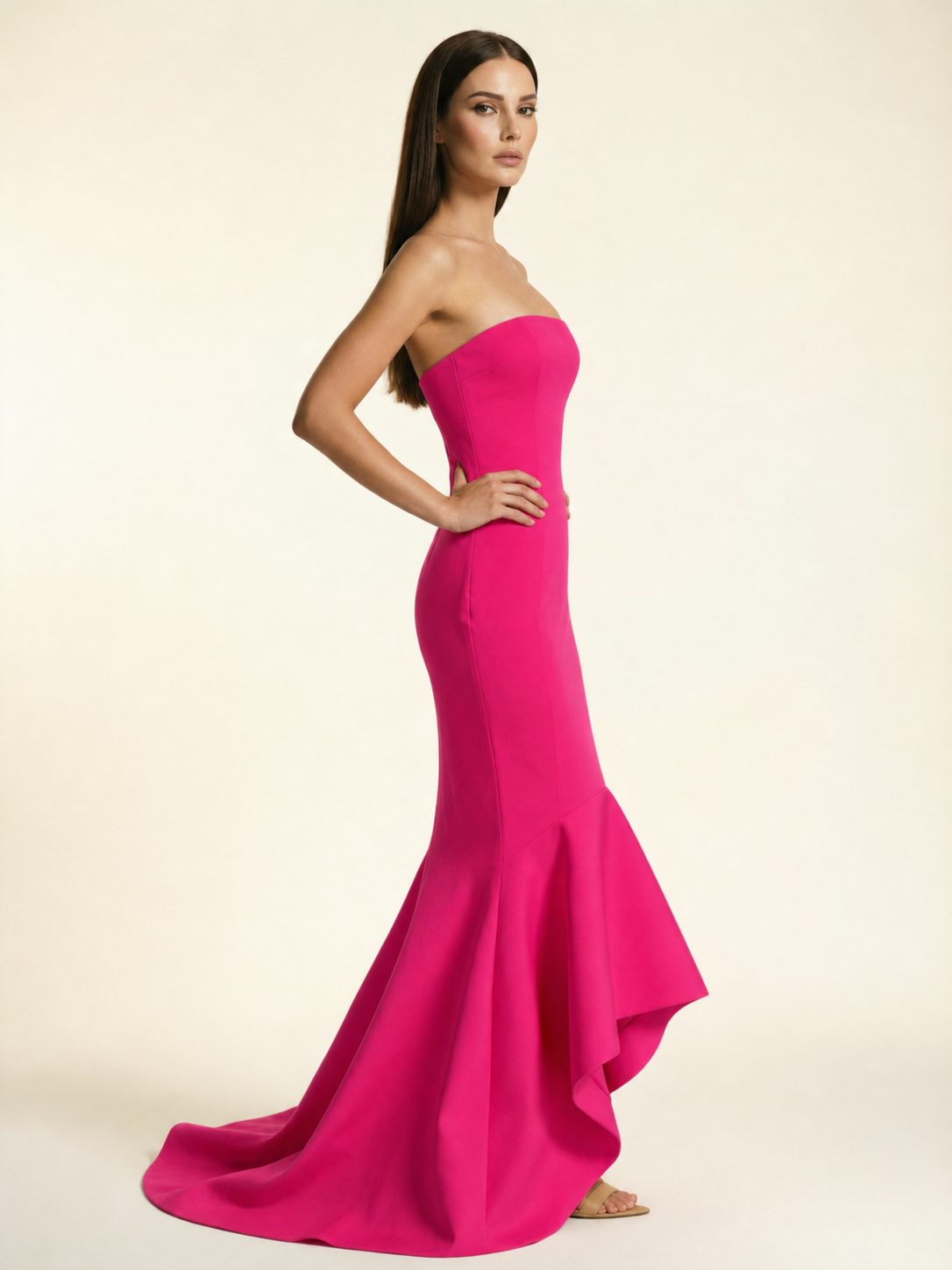 Strapless Satin Mermaid Dress With Ruffled Train & Lace-Up Back