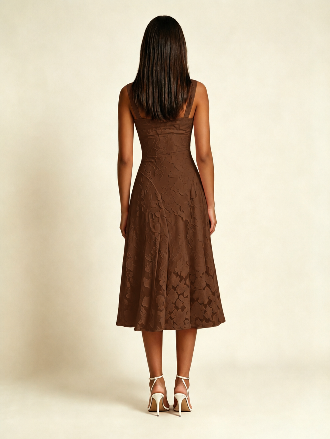 3D Floral Jacquard Square Neck Midi Dress