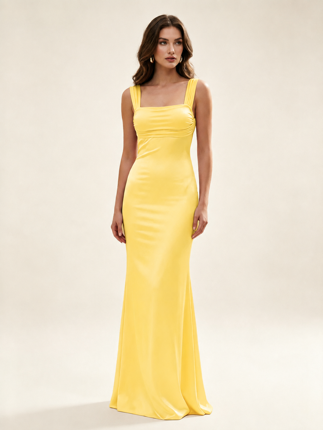 Satin Mermaid Bridesmaid Maxi Dress, Wide Strap Square Neck Cross Lace-Up Open Back