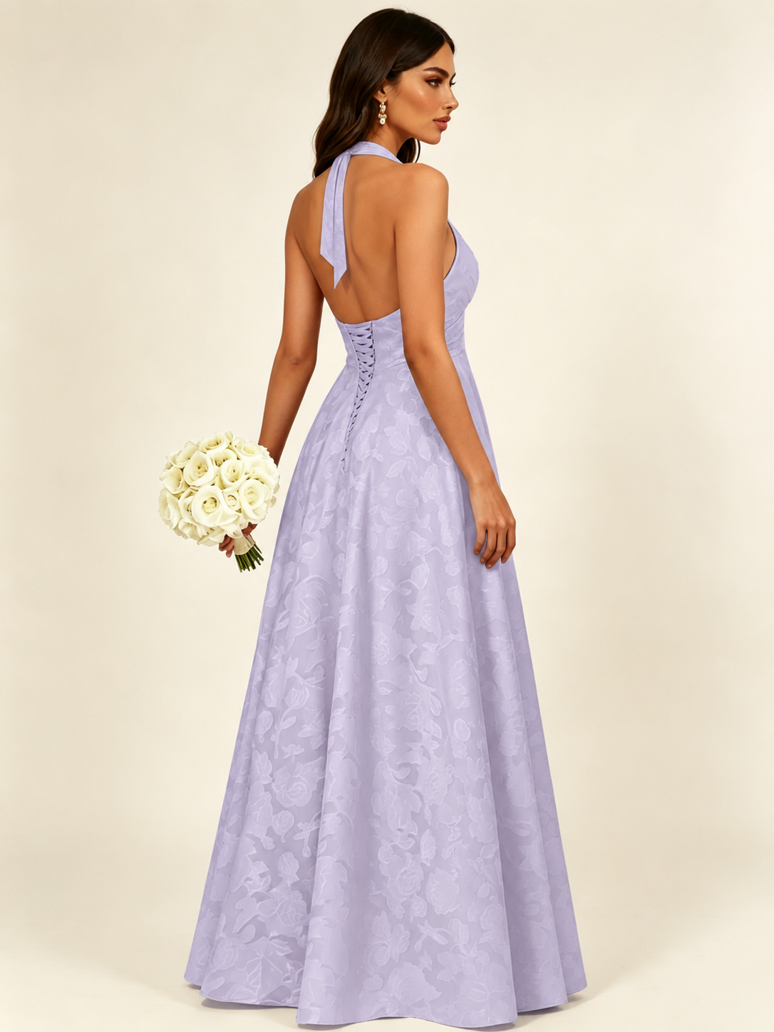 Floral Jacquard Halter Deep V A-Line Maxi Dress Backless Lace-Up Corset Bridesmaid Dress