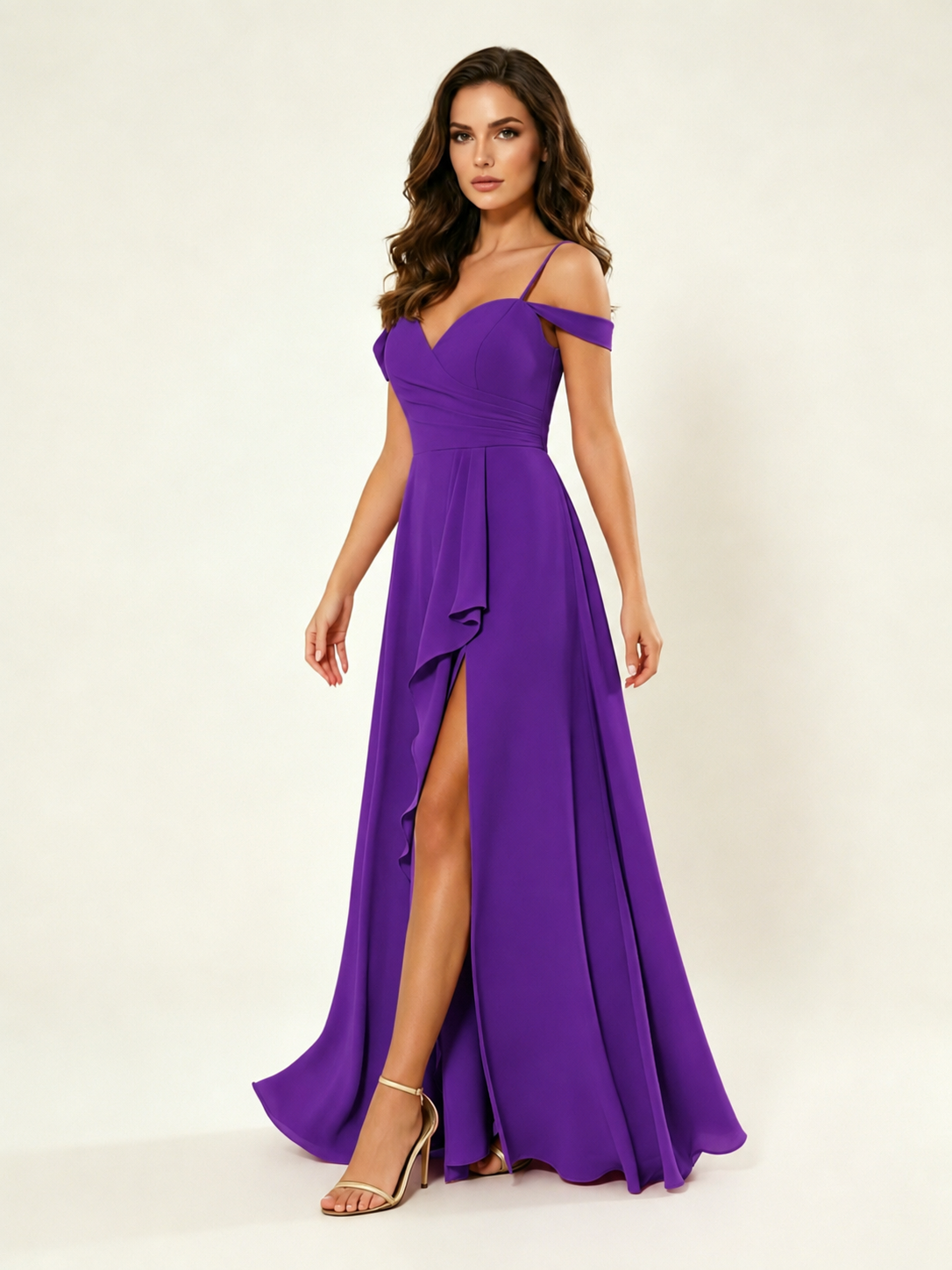 Off shoulder chiffon bridesmaid dress with high slit ruffle