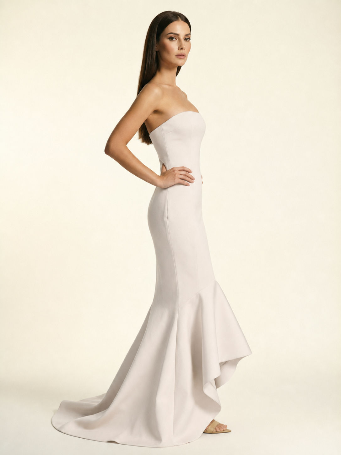 Strapless Satin Mermaid Dress With Ruffled Train & Lace-Up Back