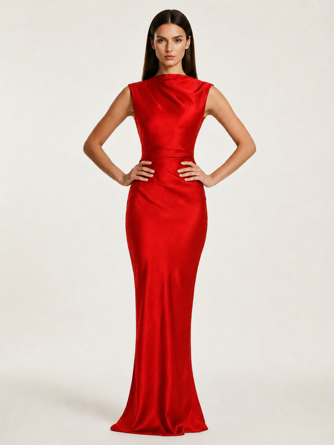 Sleeveless Draped Satin Mermaid Cutout Back Formal Dress