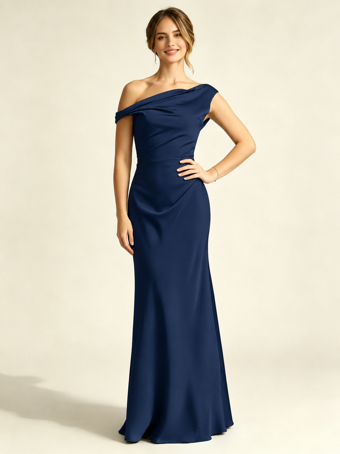 Satin Mermaid Bridesmaid Maxi Dress, Asymmetrical Off Shoulder Ruched Waist Open Back