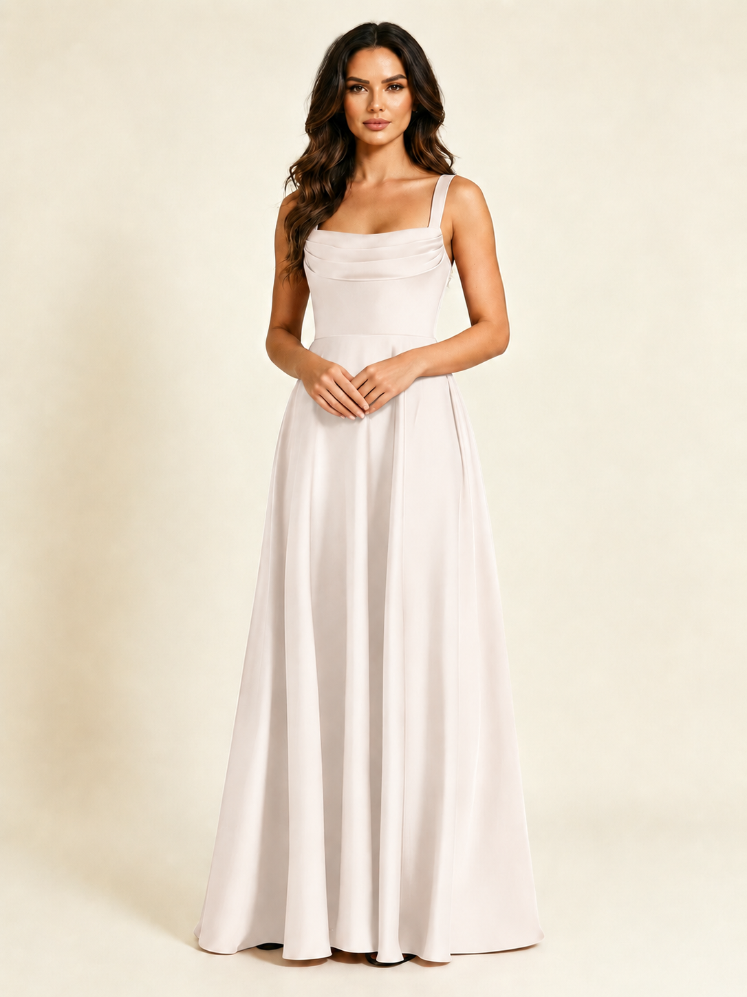 Satin Draped Cowl Square Neck A-Line Maxi Bridesmaid Dress
