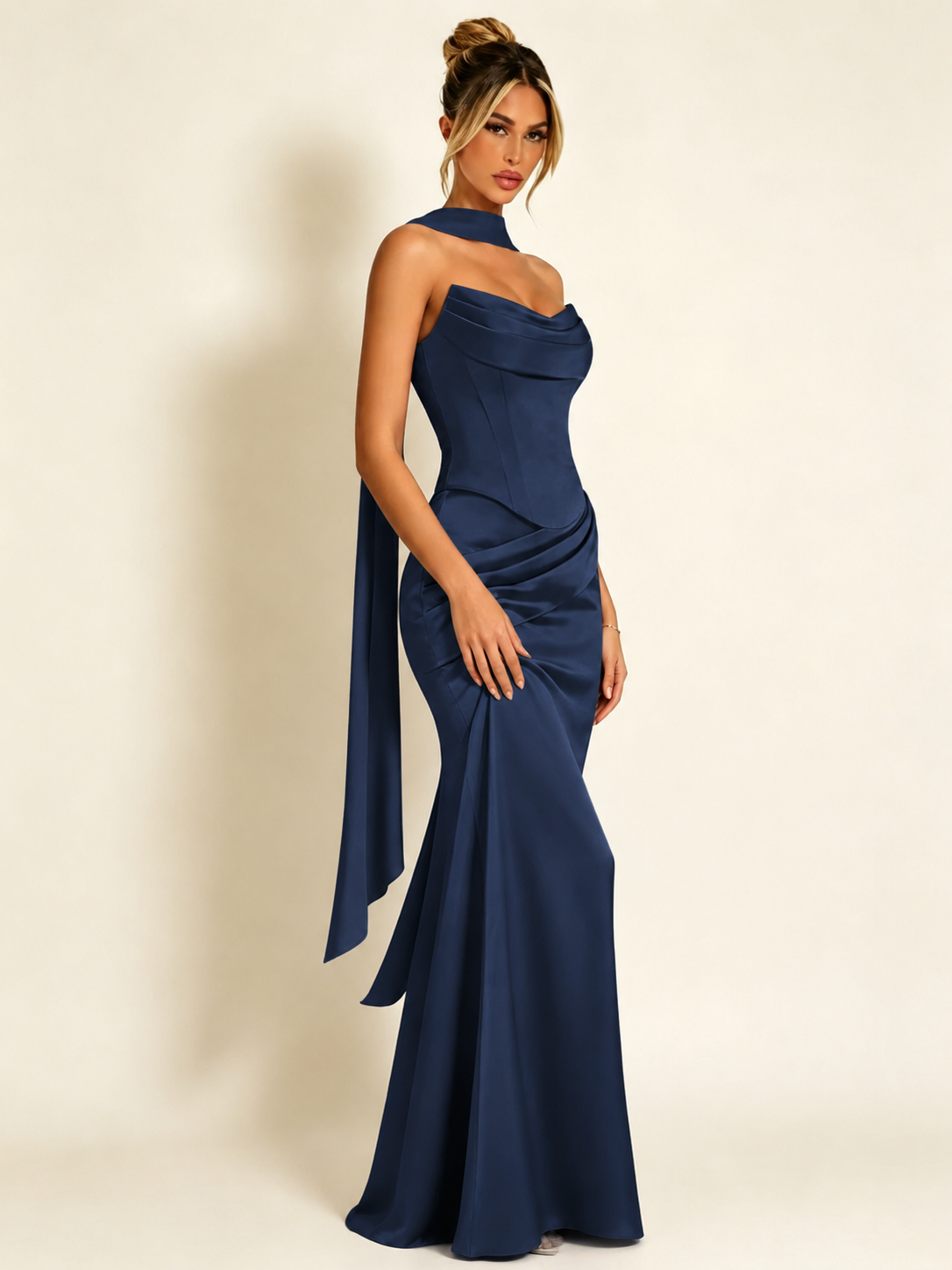 Satin Cowl Neck Mermaid Evening Dress with Corset Bodice and Draped Straps