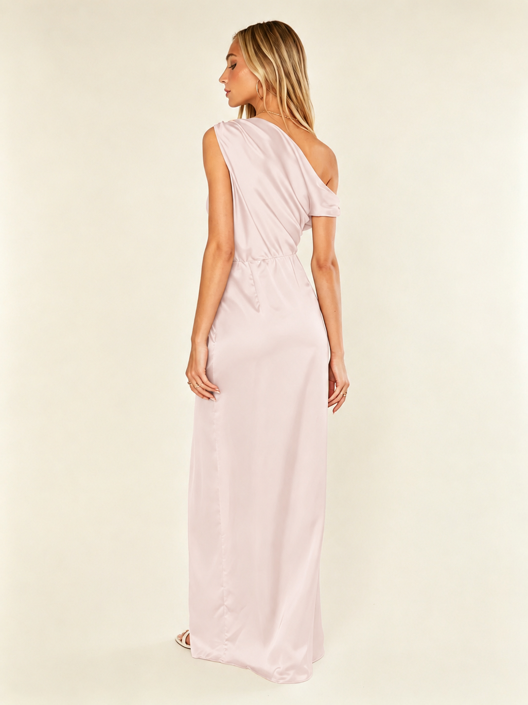 Satin One Shoulder Maxi Dress Asymmetric Draped High Slit Bridesmaid Dress