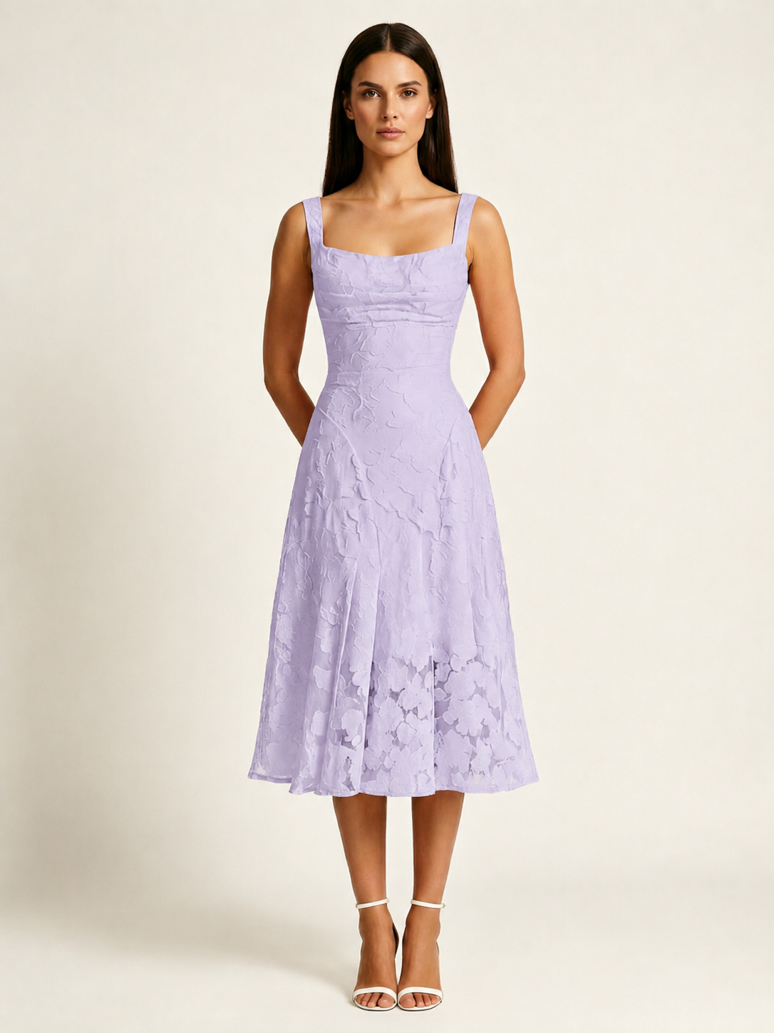 3D Floral Jacquard Square Neck Midi Dress