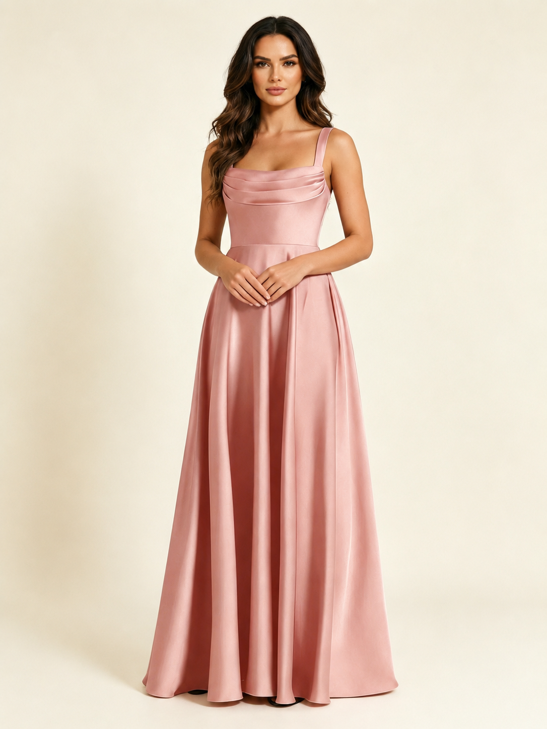 Satin Draped Cowl Square Neck A-Line Maxi Bridesmaid Dress