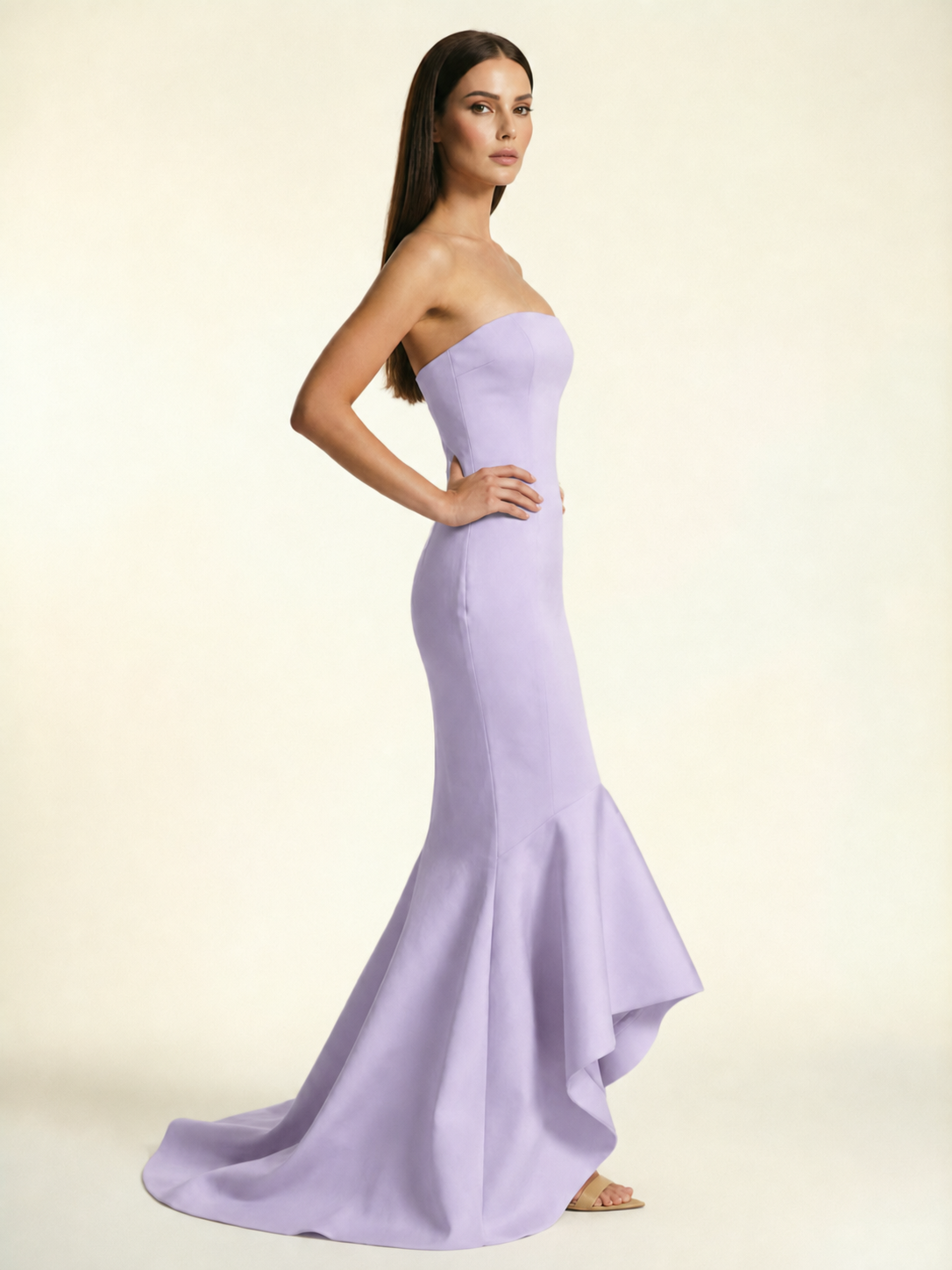 Strapless Satin Mermaid Dress With Ruffled Train & Lace-Up Back