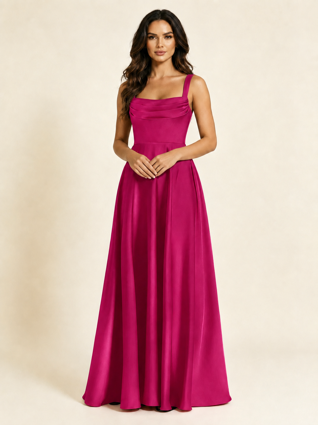Satin Draped Cowl Square Neck A-Line Maxi Bridesmaid Dress