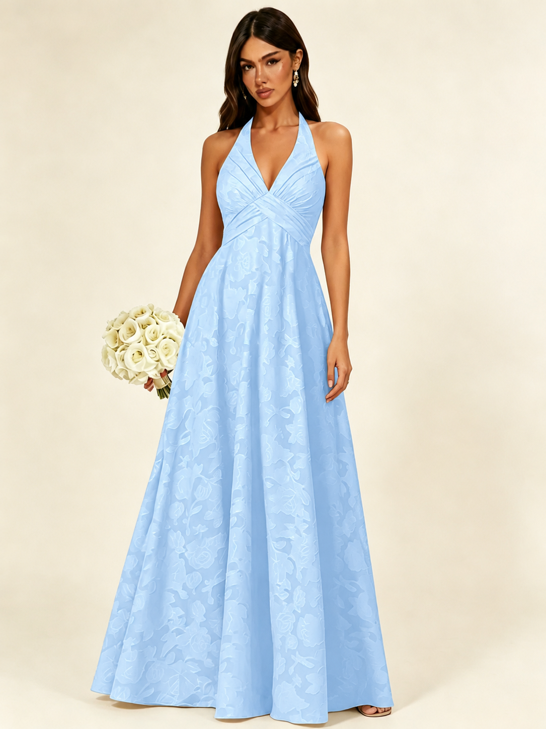 Floral Jacquard Halter Deep V A-Line Maxi Dress Backless Lace-Up Corset Bridesmaid Dress