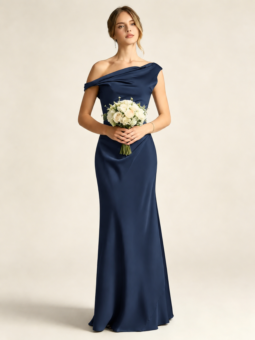 Satin Mermaid Bridesmaid Maxi Dress, Asymmetrical Off Shoulder Ruched Waist Open Back