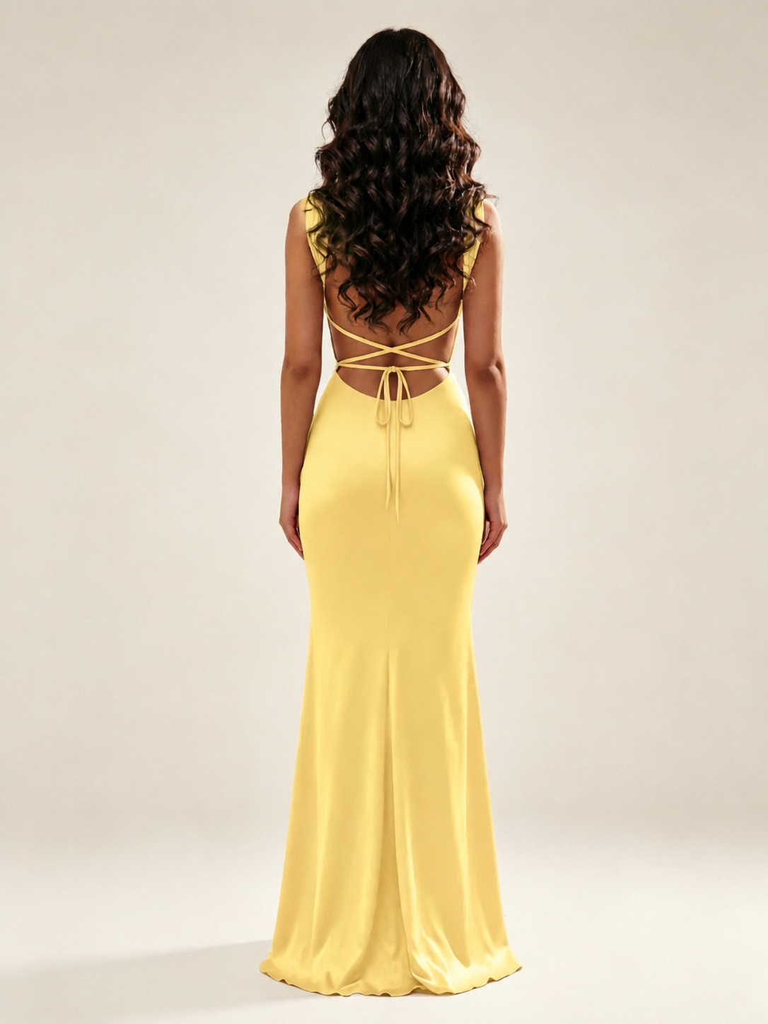 Satin Mermaid Bridesmaid Maxi Dress, Wide Strap Square Neck Cross Lace-Up Open Back