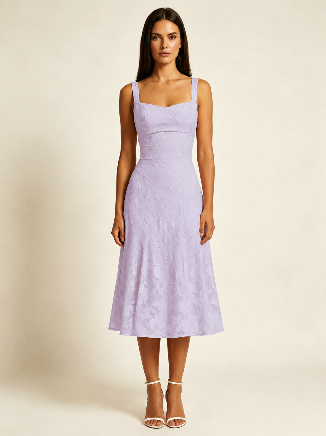 3D Floral Jacquard Square Neck Midi Dress