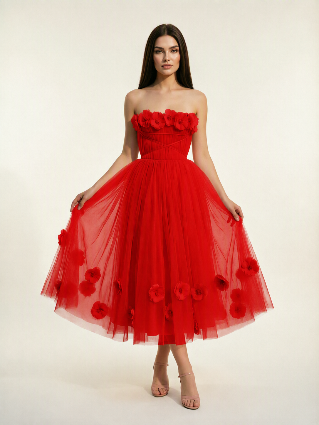 Strapless Tulle Midi Dress with 3D Floral Appliqués, Lace-Up Corset Back