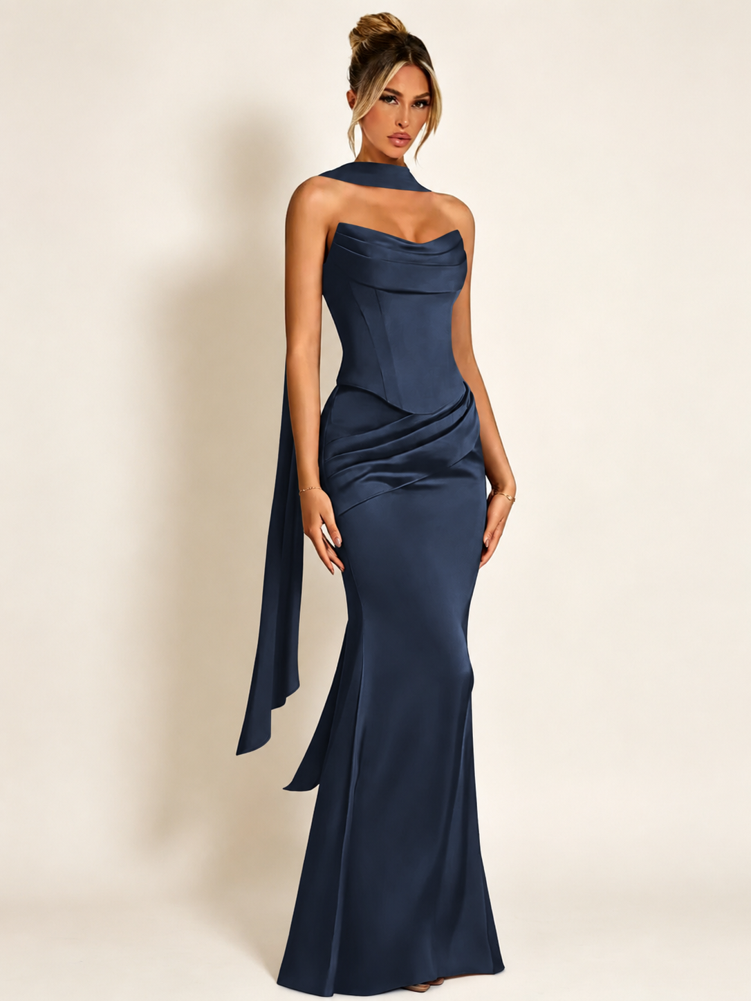 Satin Cowl Neck Mermaid Evening Dress with Corset Bodice and Draped Straps