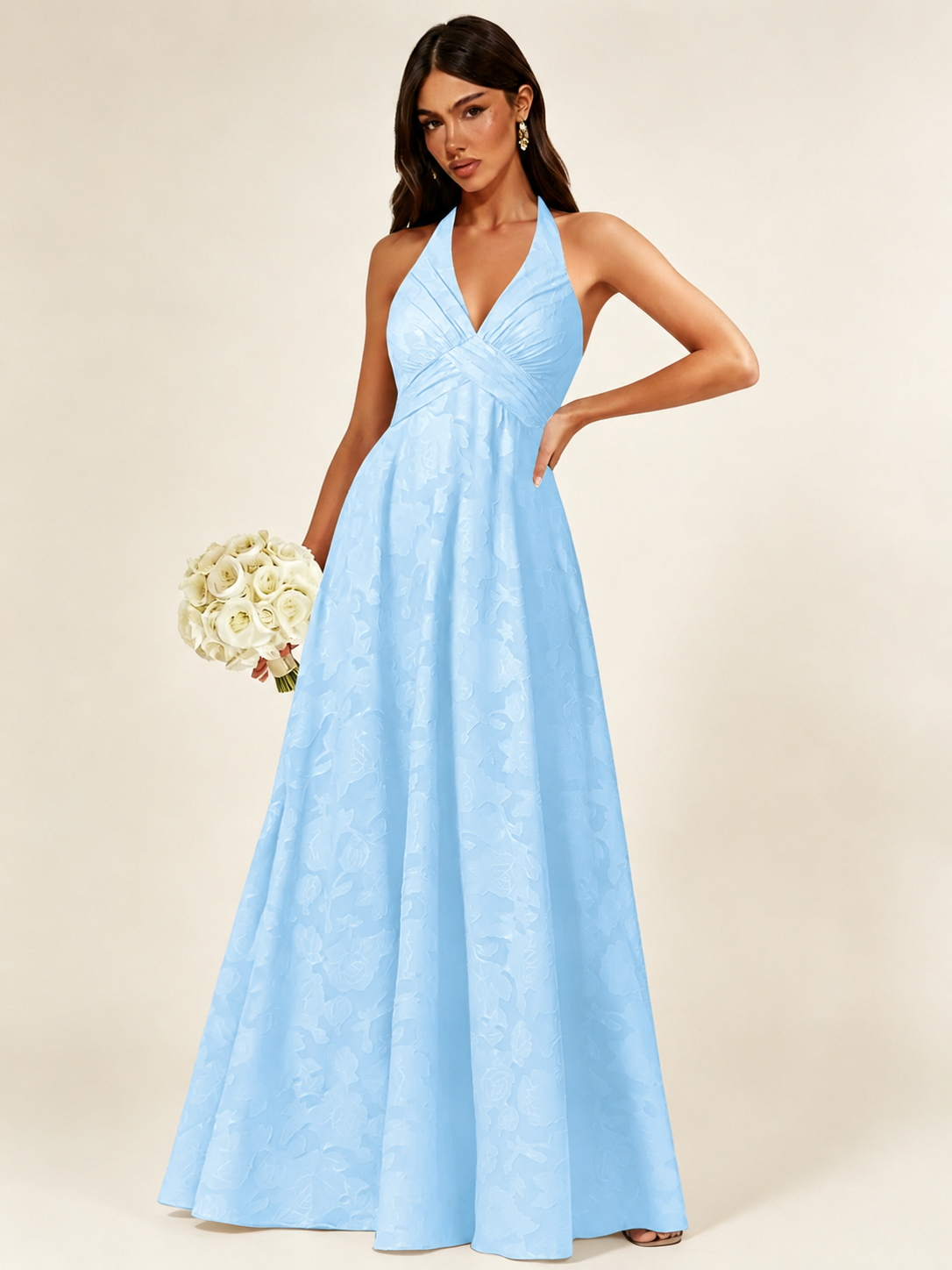 Floral Jacquard Halter Deep V A-Line Maxi Dress Backless Lace-Up Corset Bridesmaid Dress