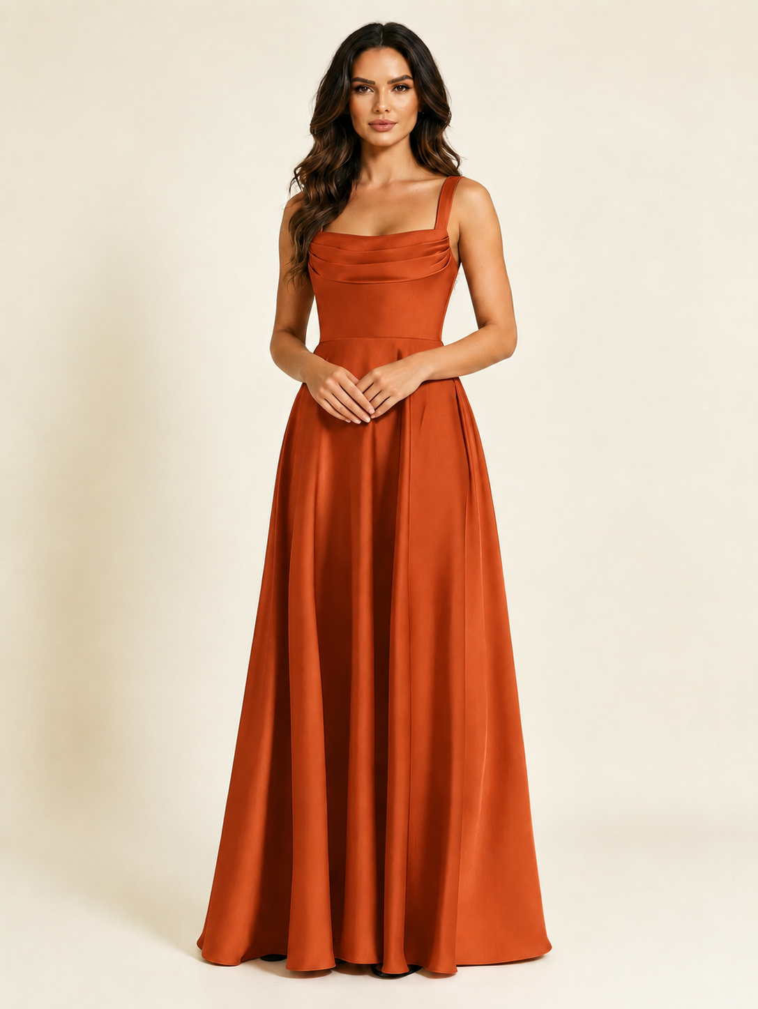 Satin Draped Cowl Square Neck A-Line Maxi Bridesmaid Dress