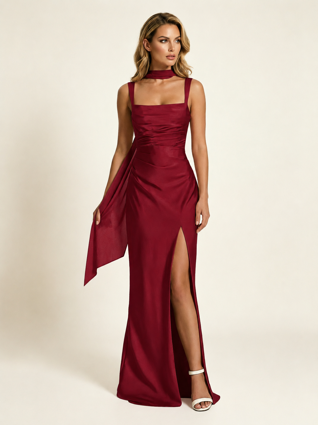 Satin Square Neck Mermaid Maxi Gown with Choker Strap