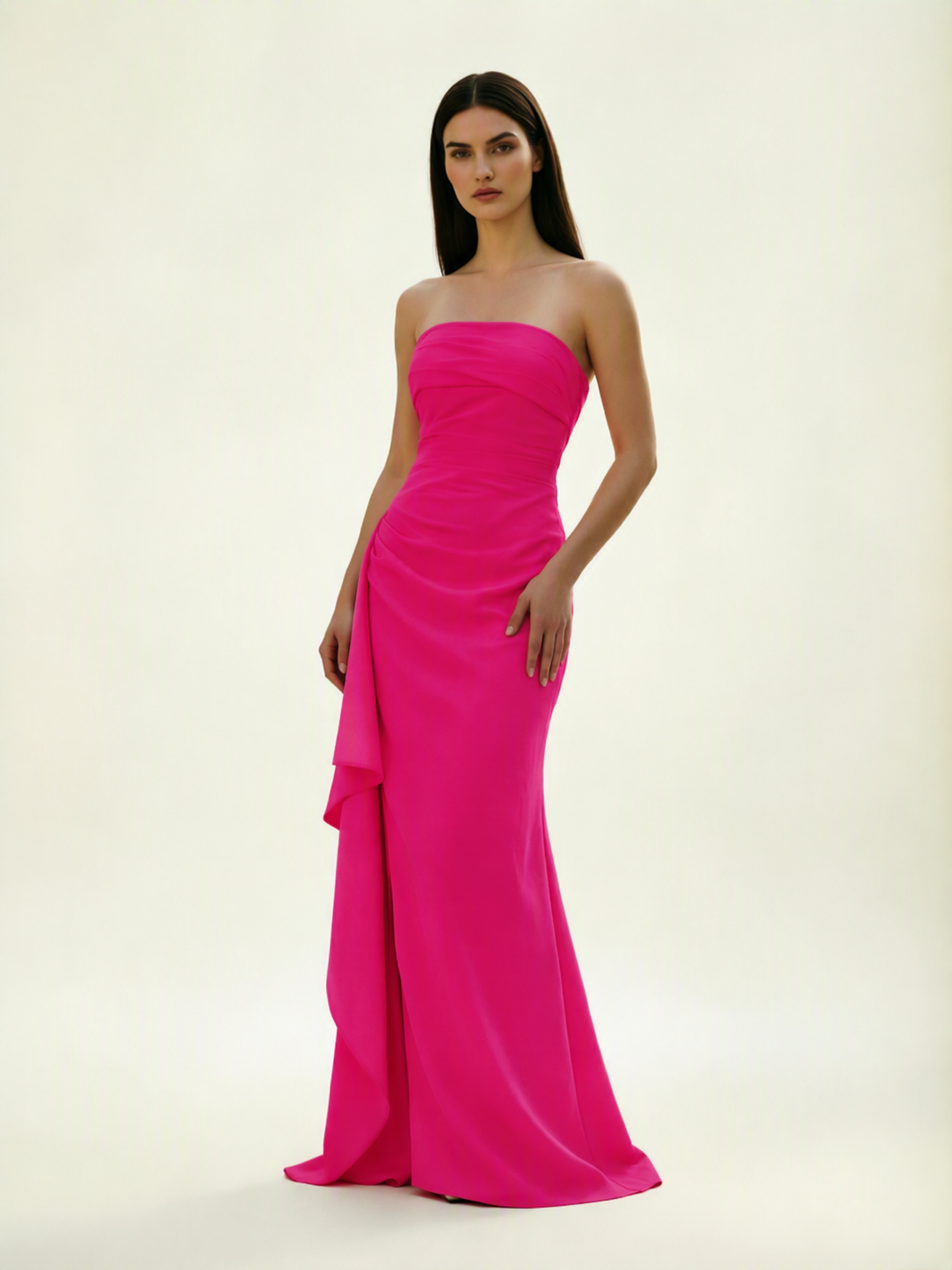 Strapless Mermaid Formal Gown with Side Slit & Draped Detail