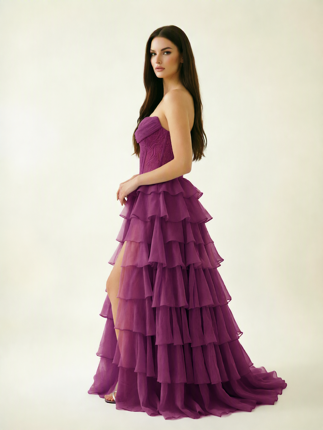 Strapless Lace Corset Tiered High Slit Prom Dress