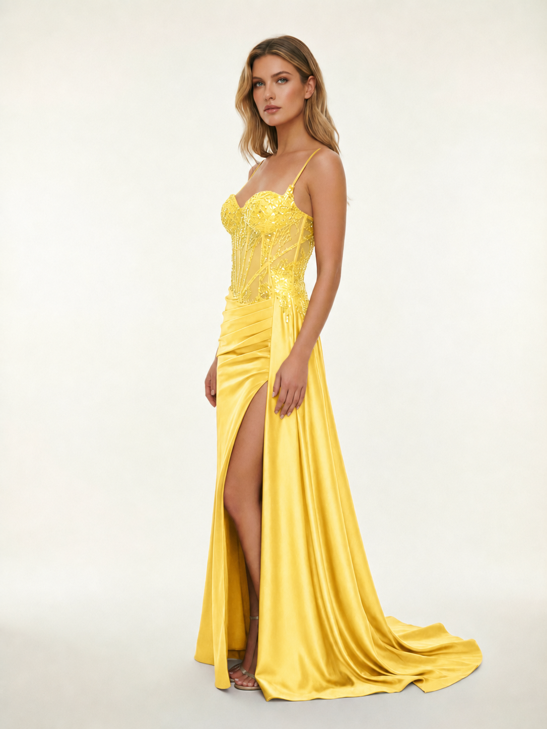 Fine shoulder-boned sequined halter dress