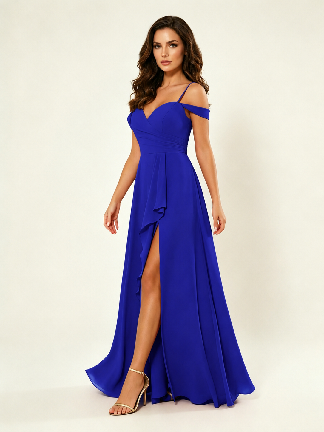 Off shoulder chiffon bridesmaid dress with high slit ruffle
