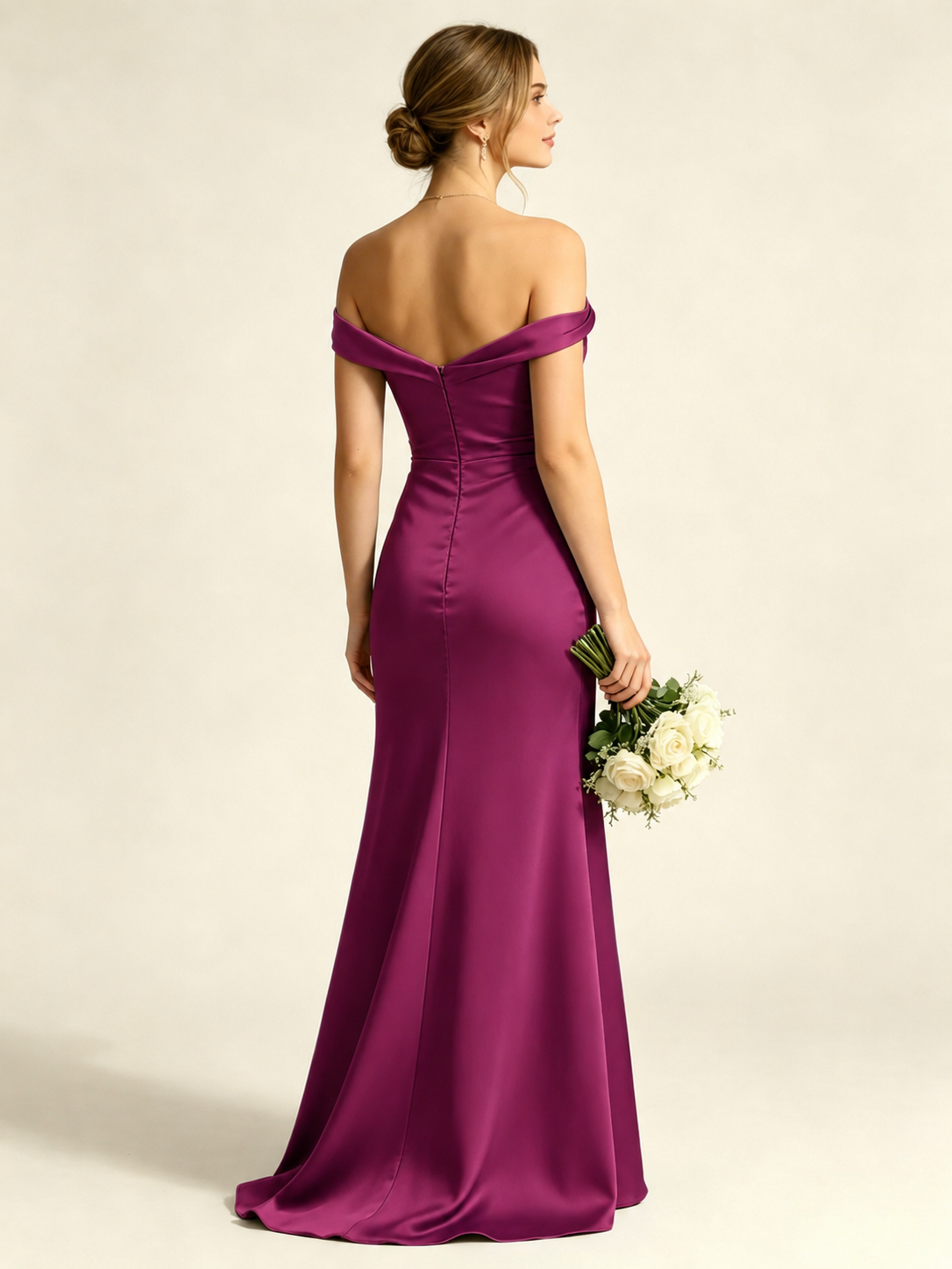 Satin Mermaid Bridesmaid Maxi Dress, Asymmetrical Off Shoulder Ruched Waist Open Back