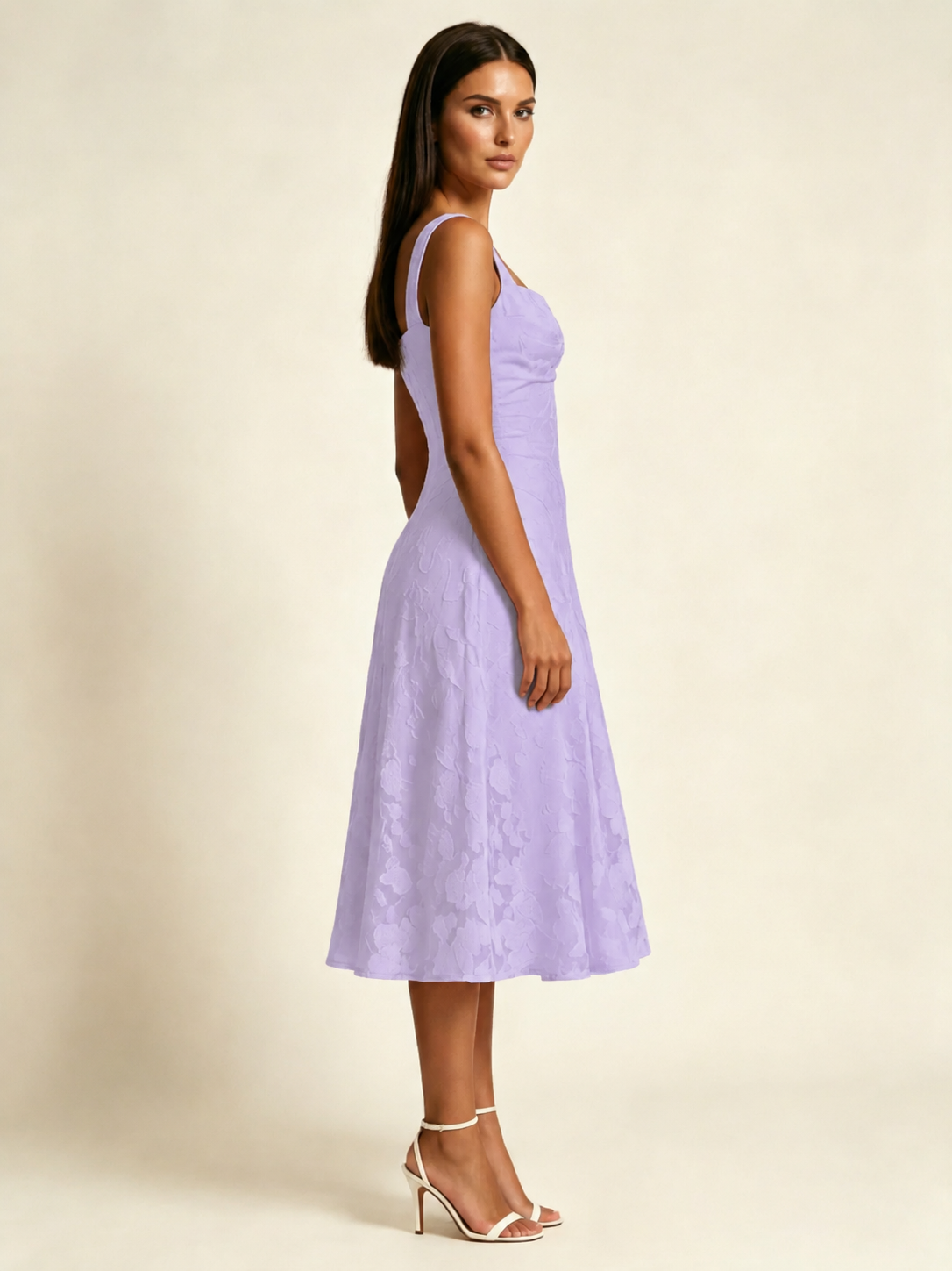 3D Floral Jacquard Square Neck Midi Dress