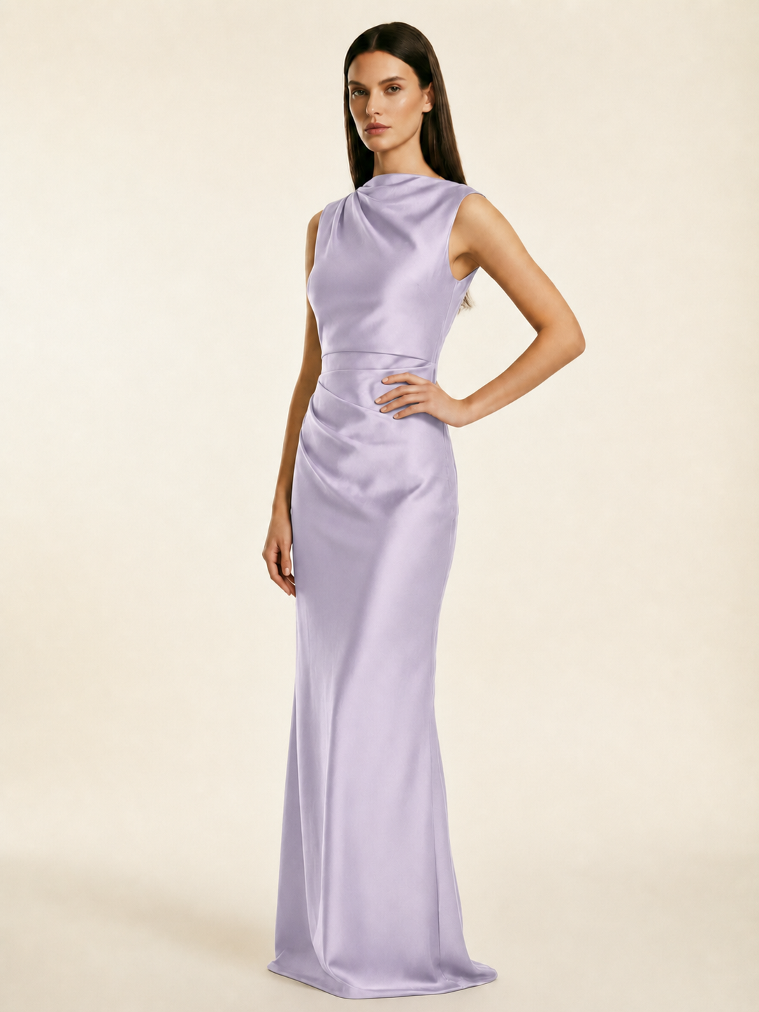 Sleeveless Draped Satin Mermaid Cutout Back Formal Dress