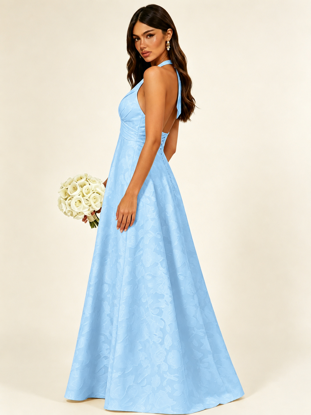 Floral Jacquard Halter Deep V A-Line Maxi Dress Backless Lace-Up Corset Bridesmaid Dress