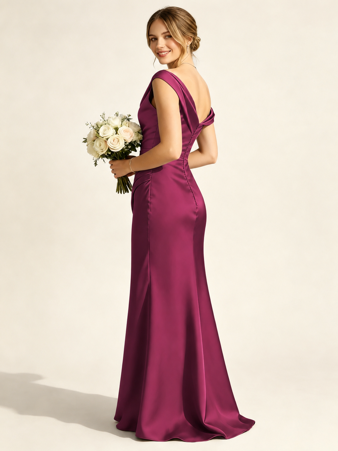 Satin Mermaid Bridesmaid Maxi Dress, Asymmetrical Off Shoulder Ruched Waist Open Back