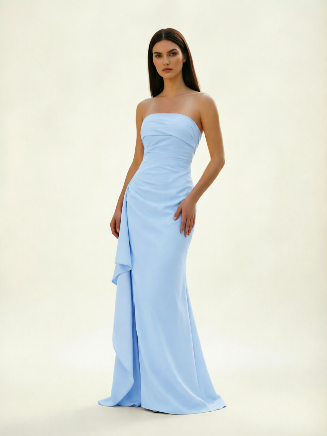 Strapless Mermaid Formal Gown with Side Slit & Draped Detail