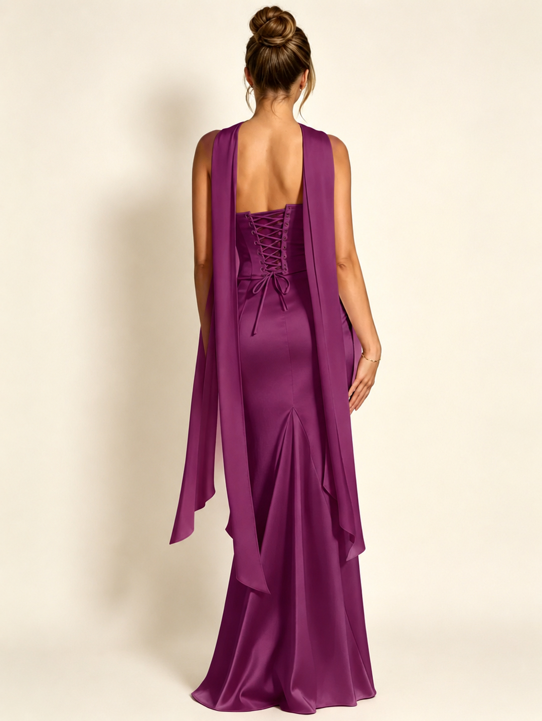 Satin Cowl Neck Mermaid Evening Dress with Corset Bodice and Draped Straps