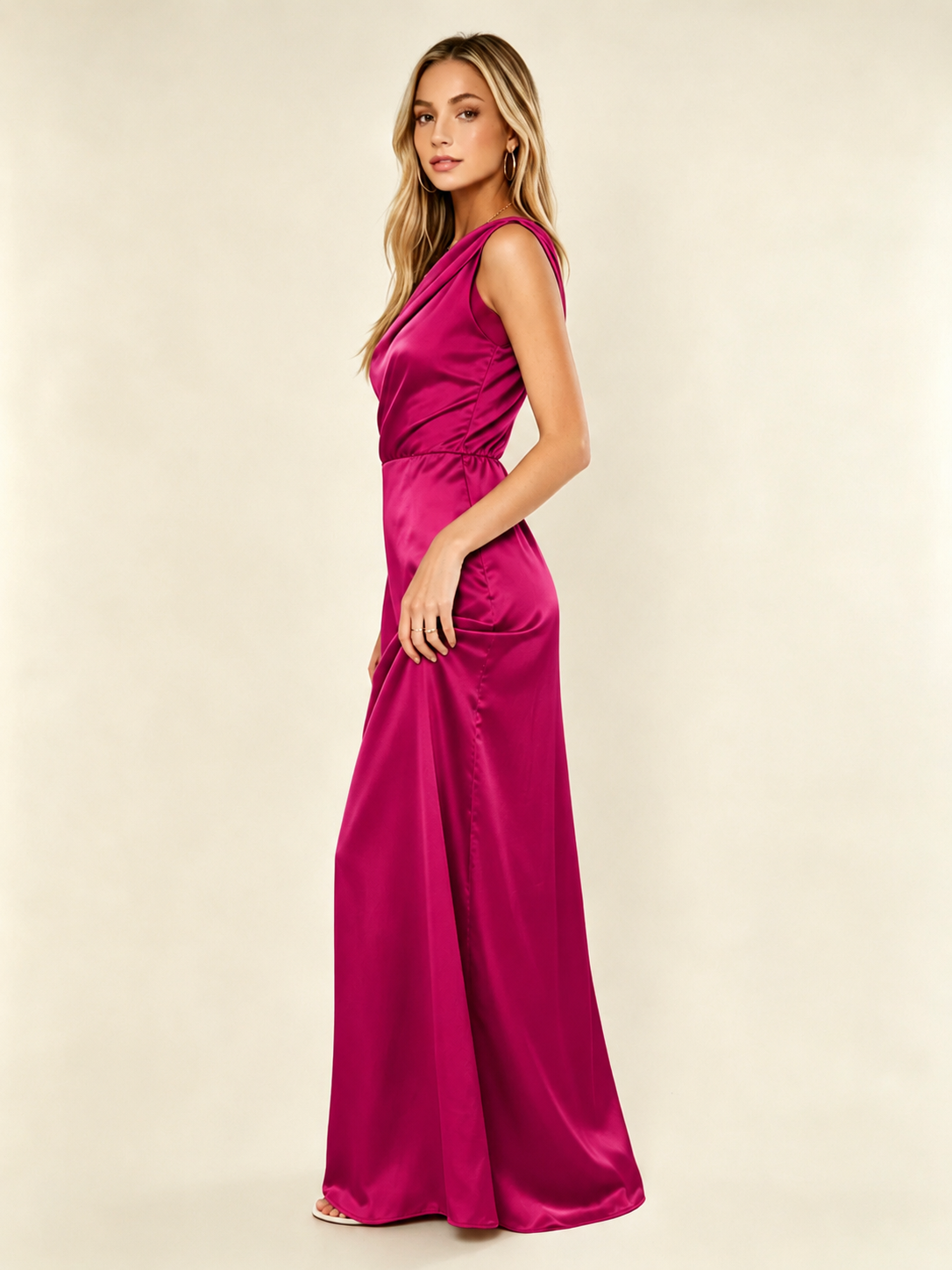 Satin One Shoulder Maxi Dress Asymmetric Draped High Slit Bridesmaid Dress