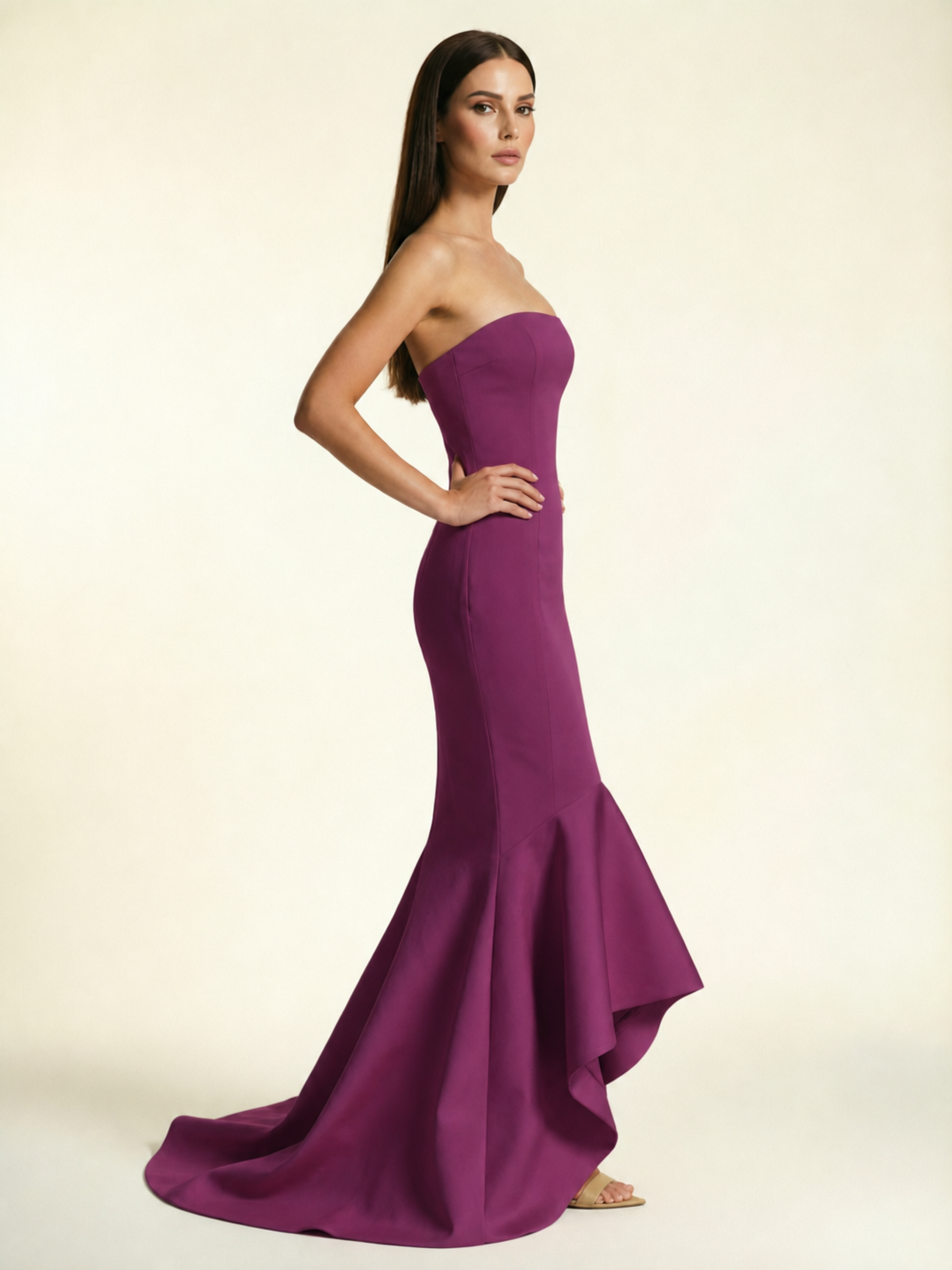 Strapless Satin Mermaid Dress With Ruffled Train & Lace-Up Back