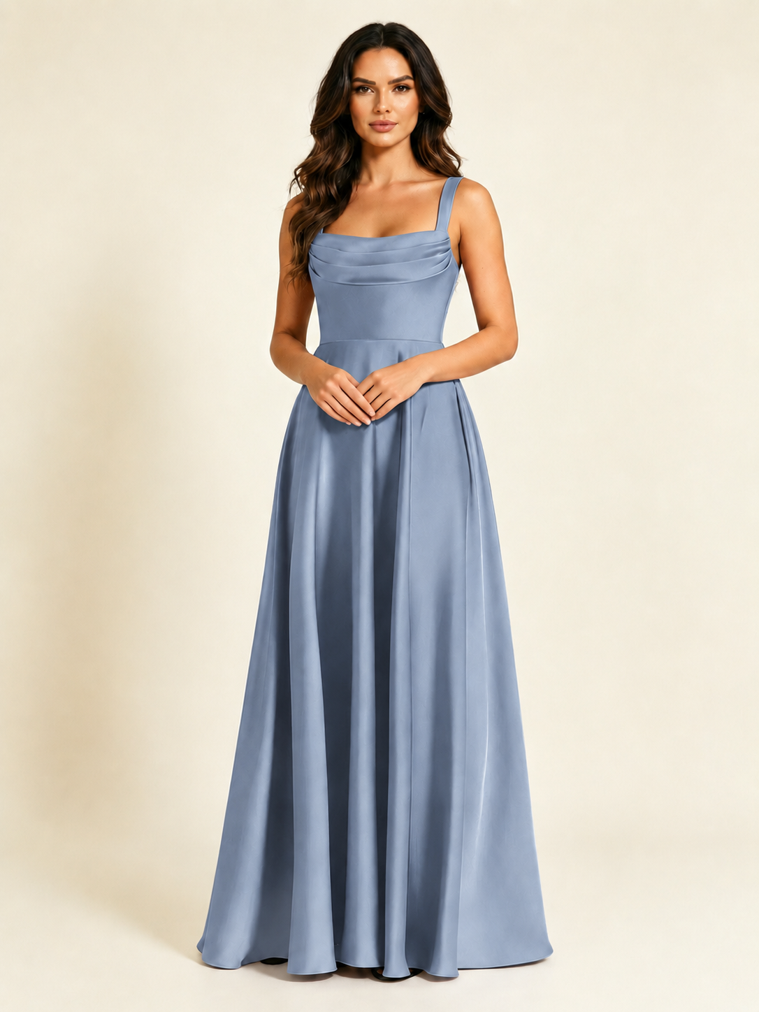 Satin Draped Cowl Square Neck A-Line Maxi Bridesmaid Dress