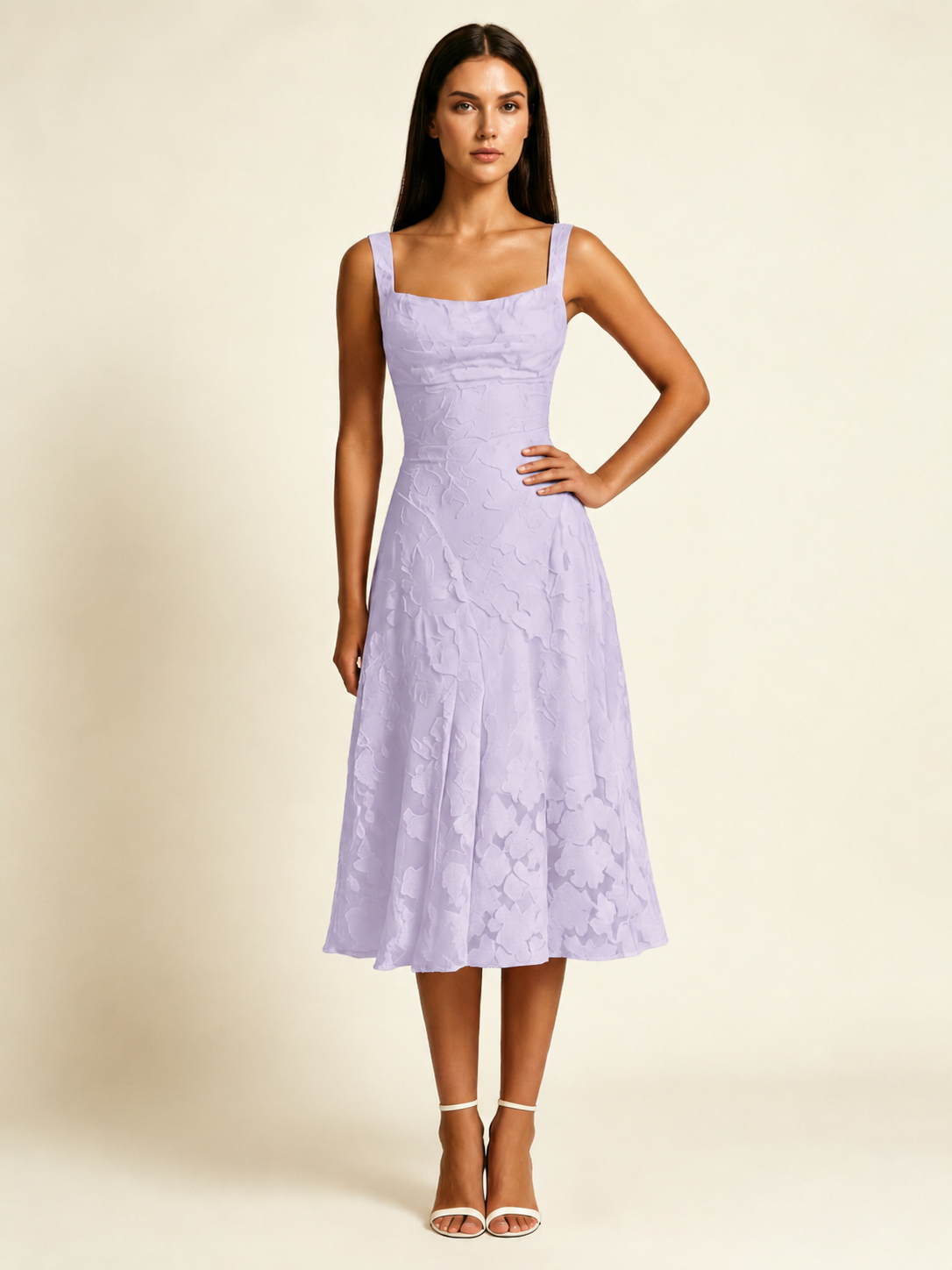 3D Floral Jacquard Square Neck Midi Dress