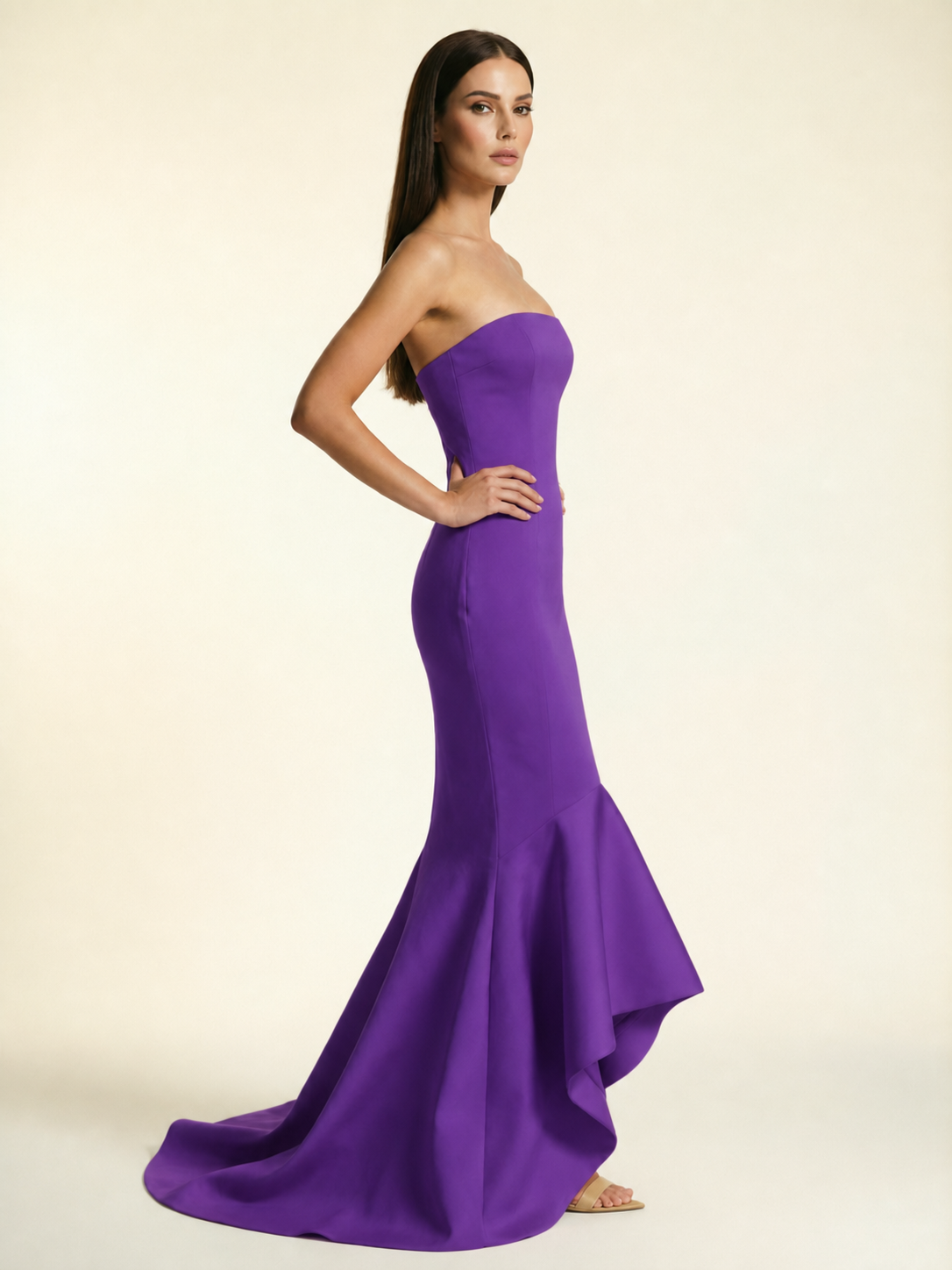 Strapless Satin Mermaid Dress With Ruffled Train & Lace-Up Back