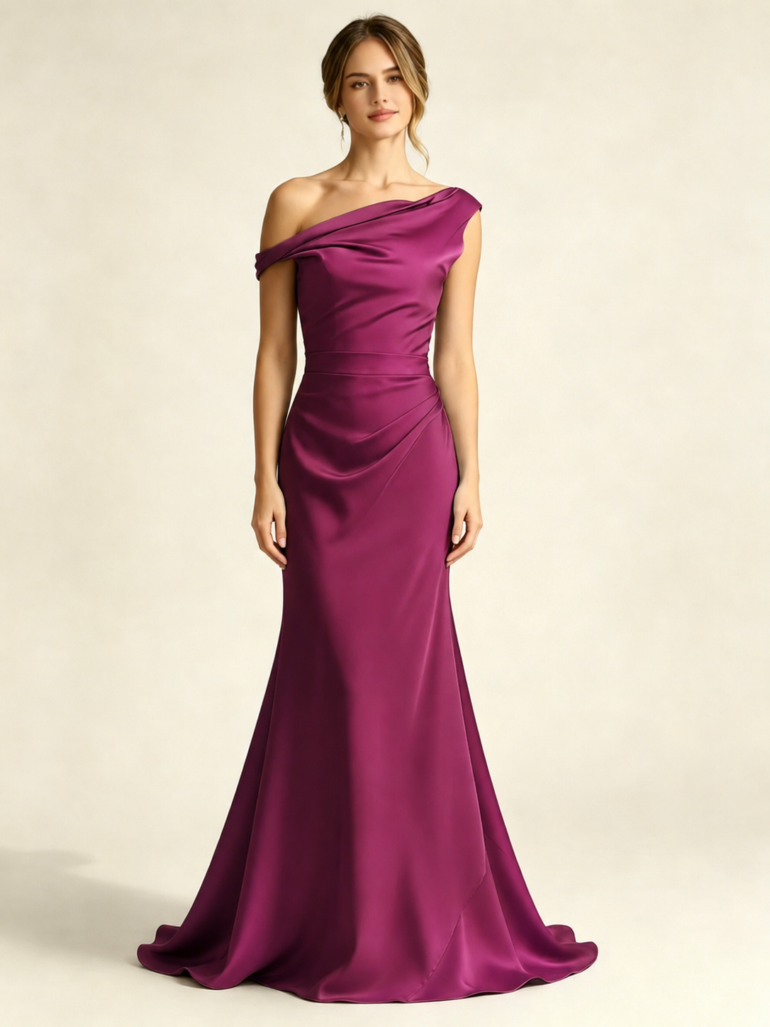Satin Mermaid Bridesmaid Maxi Dress, Asymmetrical Off Shoulder Ruched Waist Open Back