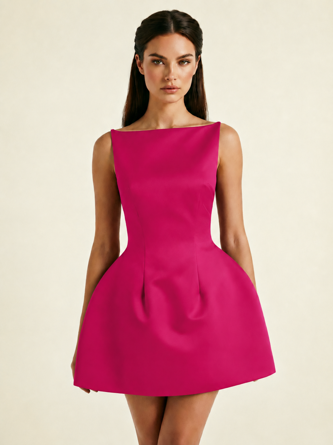 Satin Boat Neck Open Back Fit & Flare Mini Dress