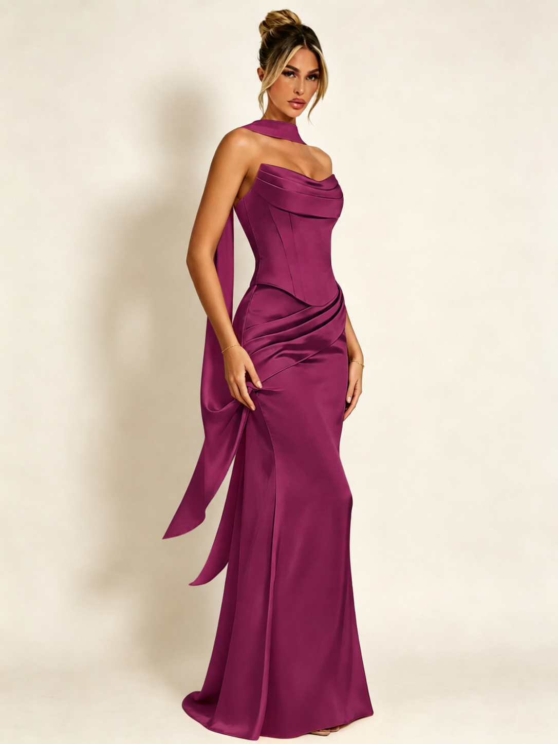 Satin Cowl Neck Mermaid Evening Dress with Corset Bodice and Draped Straps